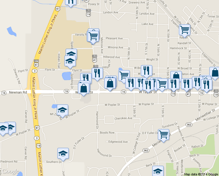 map of restaurants, bars, coffee shops, grocery stores, and more near 1309 W Taylor St in Griffin