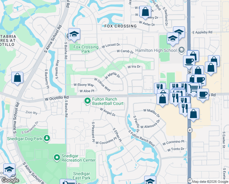 map of restaurants, bars, coffee shops, grocery stores, and more near 649 West Citrus Way in Chandler