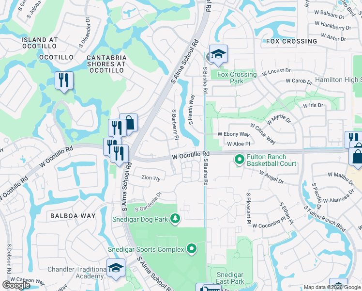 map of restaurants, bars, coffee shops, grocery stores, and more near in Chandler