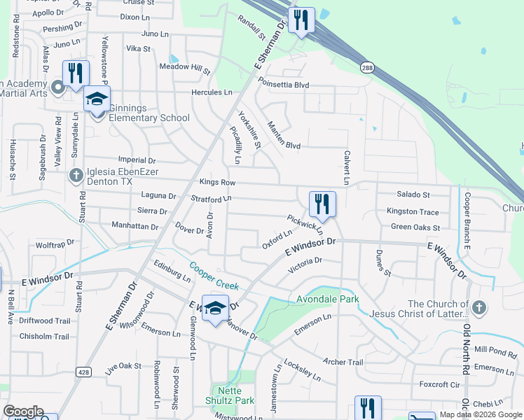 map of restaurants, bars, coffee shops, grocery stores, and more near 1414 Pickwick Lane in Denton