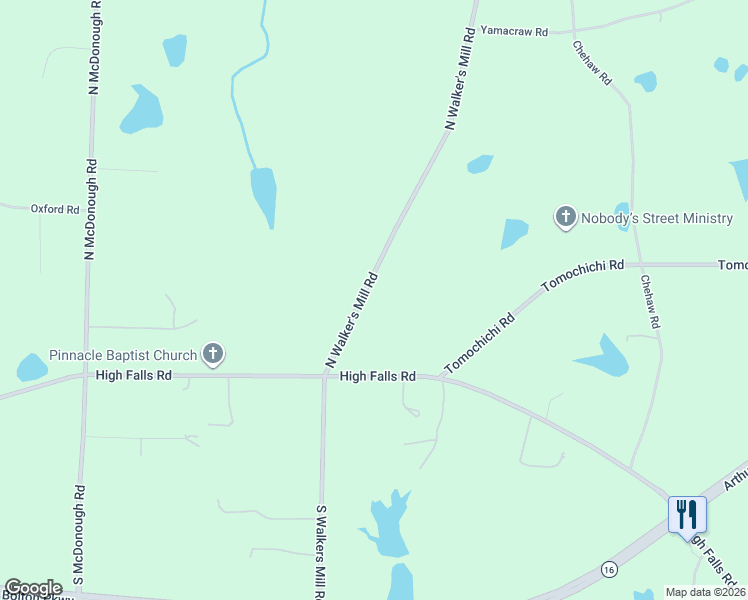 map of restaurants, bars, coffee shops, grocery stores, and more near 104 North Walker's Mill Road in Griffin