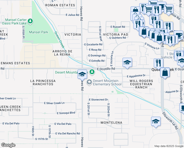 map of restaurants, bars, coffee shops, grocery stores, and more near 22201 Hawes Road in Queen Creek