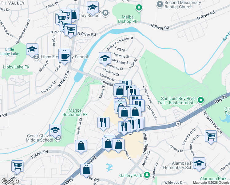 map of restaurants, bars, coffee shops, grocery stores, and more near 4889 Tarragon Drive in Oceanside