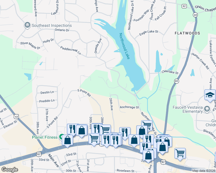 map of restaurants, bars, coffee shops, grocery stores, and more near 2567 Trace Crossing in Northport