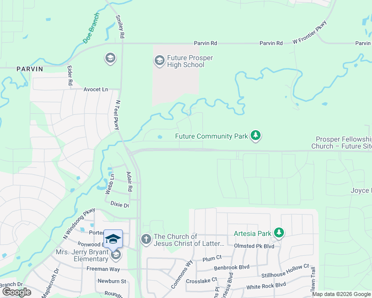 map of restaurants, bars, coffee shops, grocery stores, and more near 16219 Prosper Road in Prosper