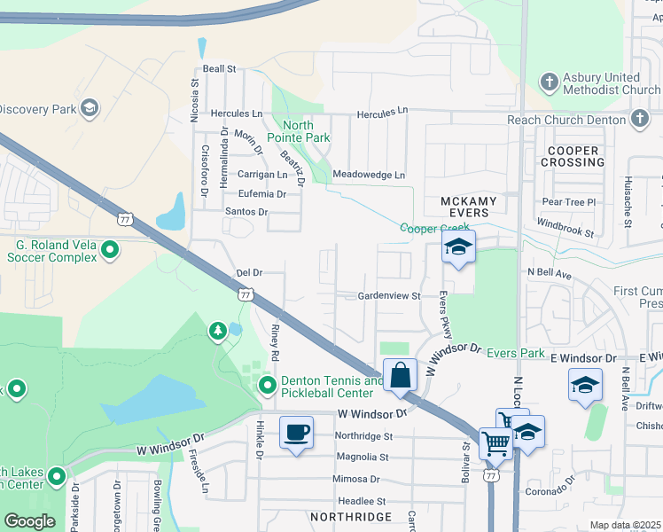map of restaurants, bars, coffee shops, grocery stores, and more near 3315 Fallmeadow Street in Denton