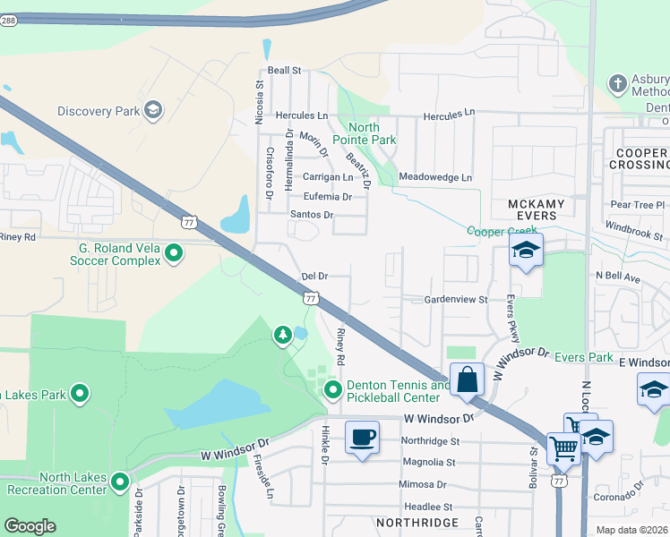 map of restaurants, bars, coffee shops, grocery stores, and more near 712 Del Drive in Denton