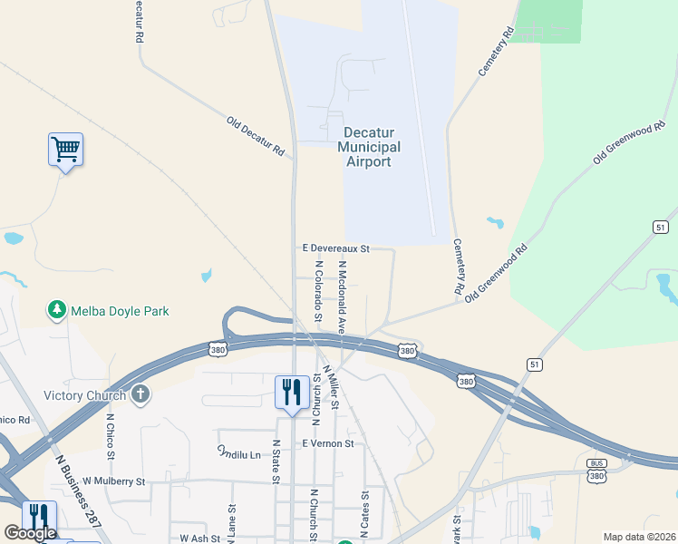 map of restaurants, bars, coffee shops, grocery stores, and more near 1705 North Mcdonald Avenue in Decatur