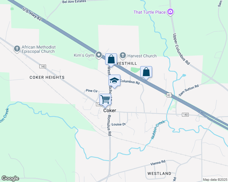 map of restaurants, bars, coffee shops, grocery stores, and more near 11629 Westwood School Road in Coker