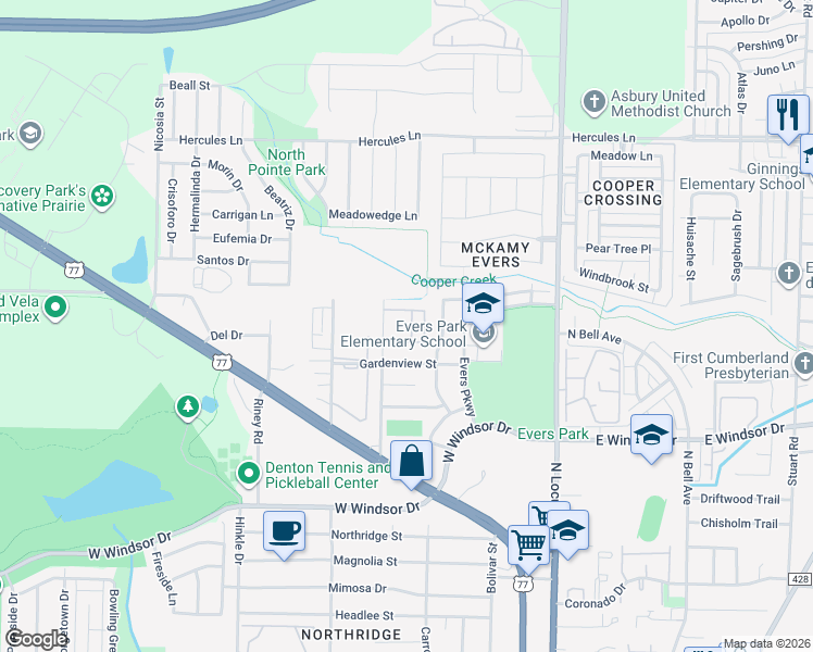 map of restaurants, bars, coffee shops, grocery stores, and more near 3400 Joyce Lane in Denton