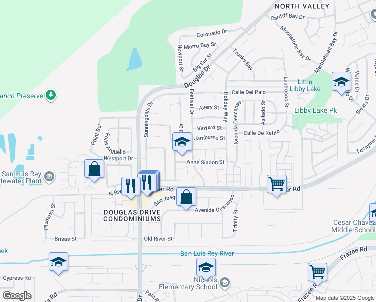map of restaurants, bars, coffee shops, grocery stores, and more near 233 Festival Drive in Oceanside