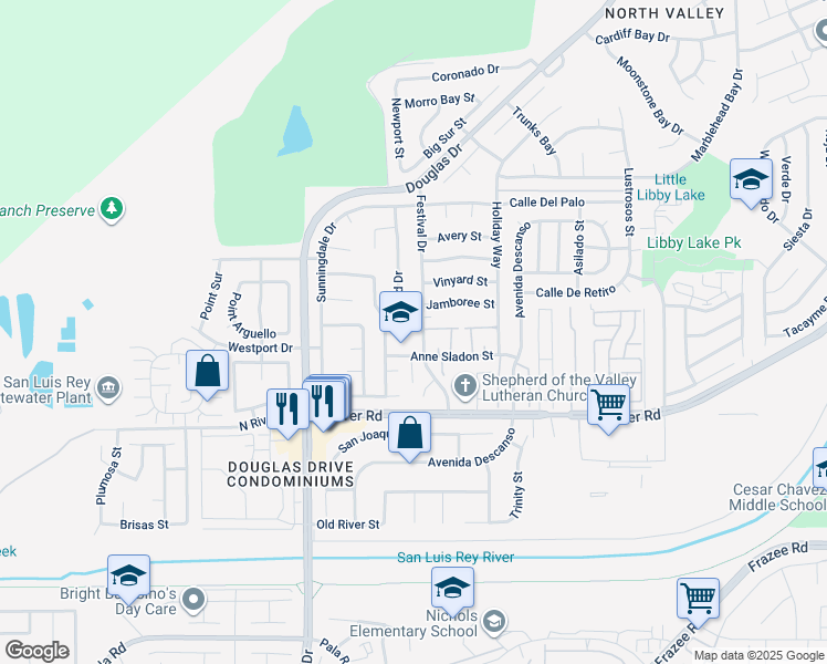 map of restaurants, bars, coffee shops, grocery stores, and more near 233 Festival Drive in Oceanside