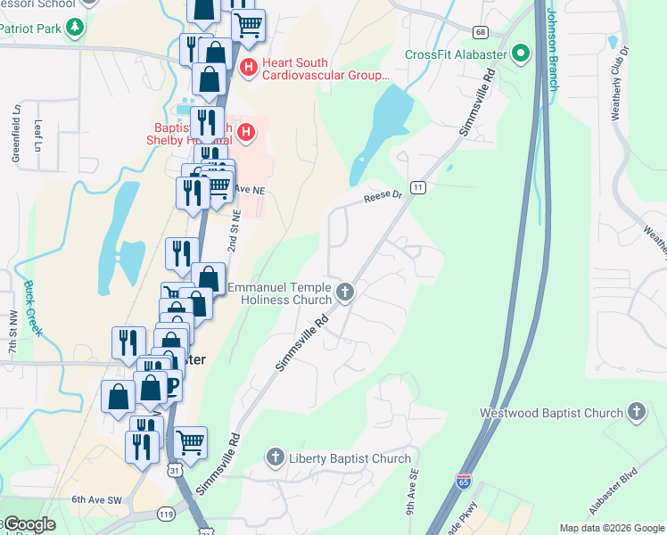 map of restaurants, bars, coffee shops, grocery stores, and more near 313 Park Road in Alabaster