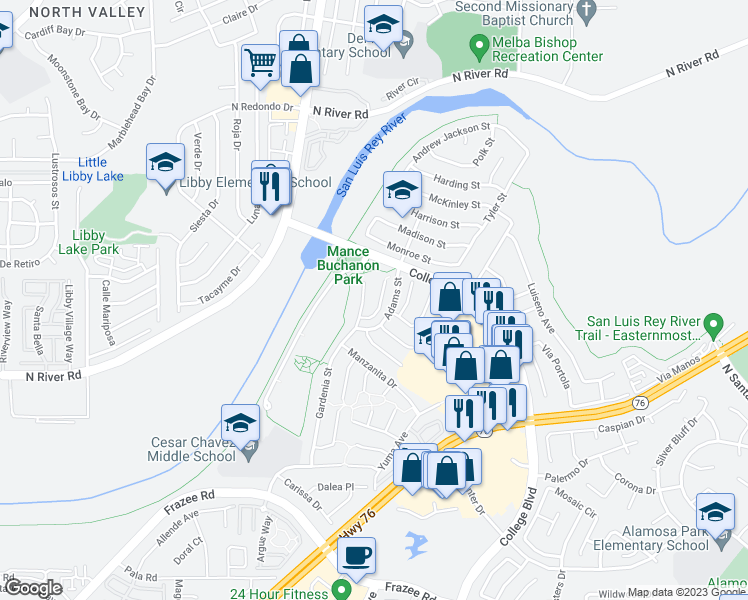 map of restaurants, bars, coffee shops, grocery stores, and more near 4876 Sumac Place in Oceanside