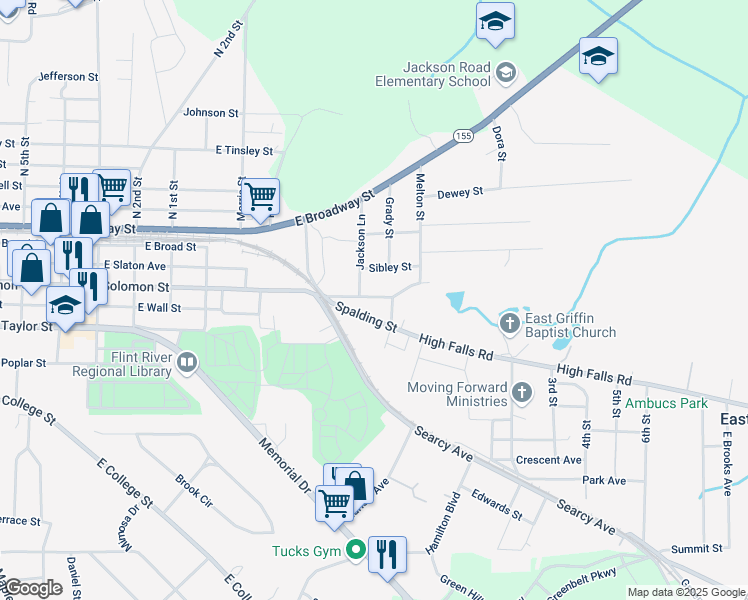 map of restaurants, bars, coffee shops, grocery stores, and more near 850 East Solomon Street in Griffin