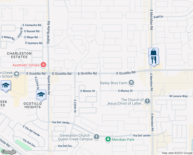 map of restaurants, bars, coffee shops, grocery stores, and more near 22725 East Ocotillo Road in Queen Creek