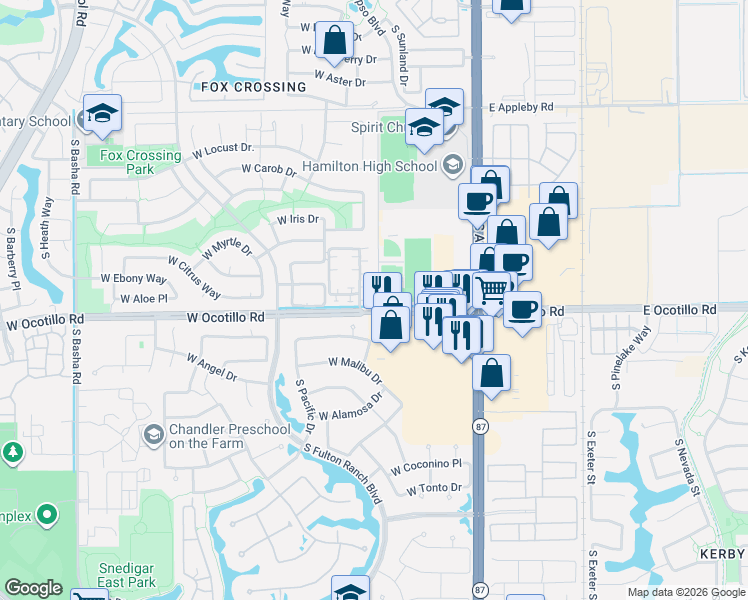 map of restaurants, bars, coffee shops, grocery stores, and more near 5 West Ocotillo Road in Chandler
