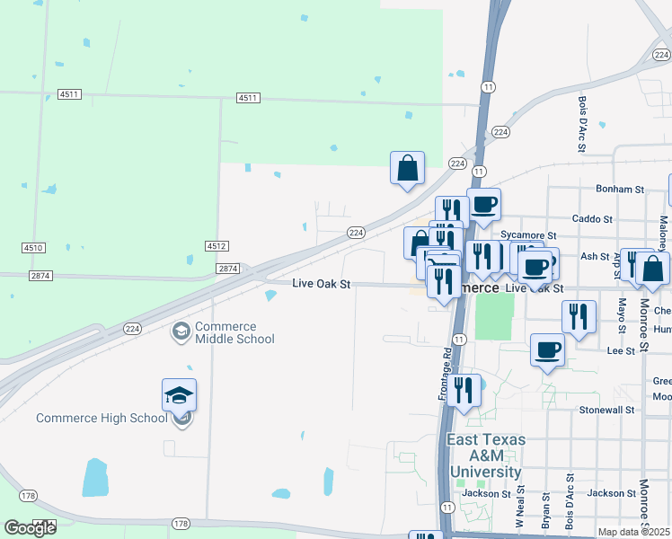 map of restaurants, bars, coffee shops, grocery stores, and more near 2300 Live Oak Street in Commerce