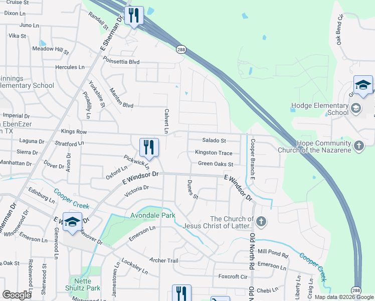 map of restaurants, bars, coffee shops, grocery stores, and more near 2304 Kingston Trace in Denton