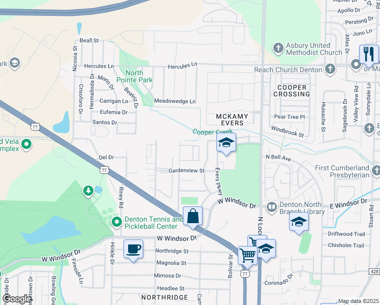 map of restaurants, bars, coffee shops, grocery stores, and more near 3400 Joyce Lane in Denton