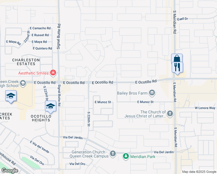 map of restaurants, bars, coffee shops, grocery stores, and more near 22725 East Ocotillo Road in Queen Creek