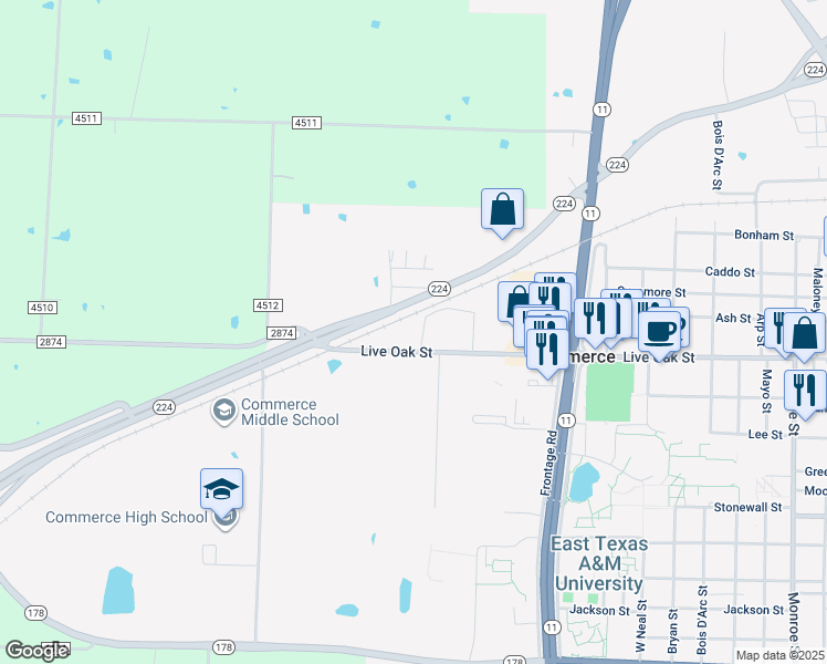 map of restaurants, bars, coffee shops, grocery stores, and more near 2300 Live Oak Street in Commerce