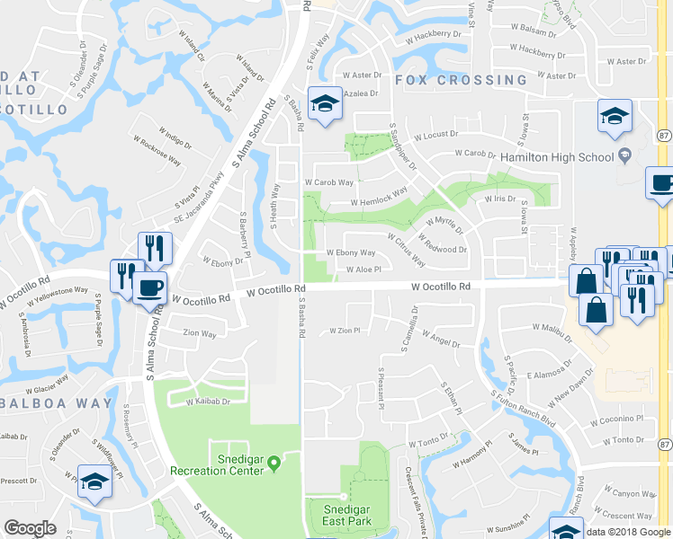 map of restaurants, bars, coffee shops, grocery stores, and more near 4495 South Emerson Street in Chandler