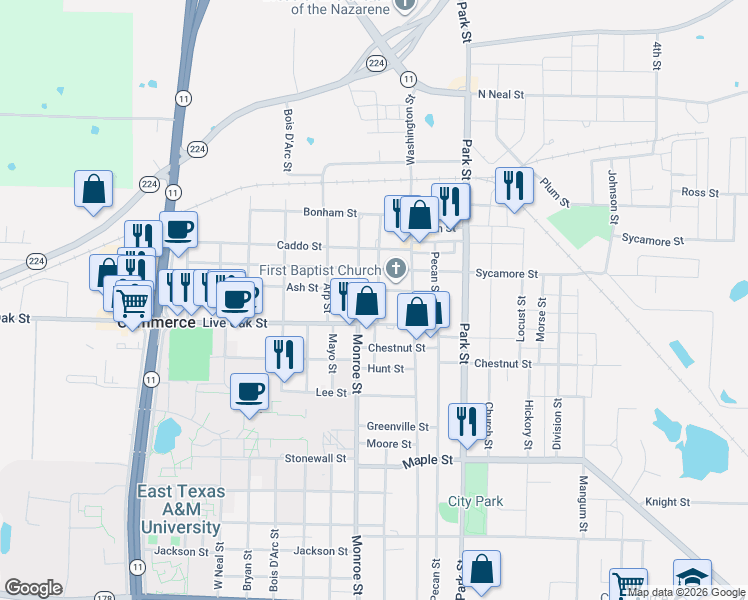 map of restaurants, bars, coffee shops, grocery stores, and more near 1408 Live Oak Street in Commerce