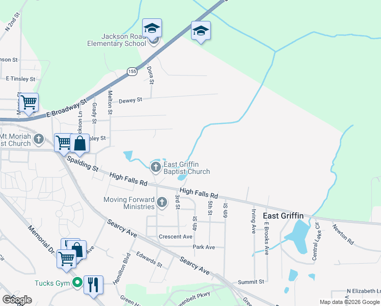 map of restaurants, bars, coffee shops, grocery stores, and more near 1029 High Falls Road in Griffin