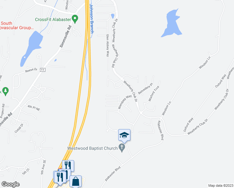 map of restaurants, bars, coffee shops, grocery stores, and more near 232 Warwick Place in Alabaster