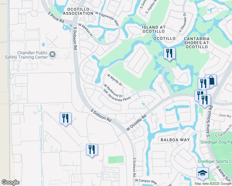 map of restaurants, bars, coffee shops, grocery stores, and more near 2172 West Redwood Drive in Chandler
