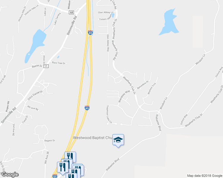 map of restaurants, bars, coffee shops, grocery stores, and more near 256 Warwick Place in Alabaster