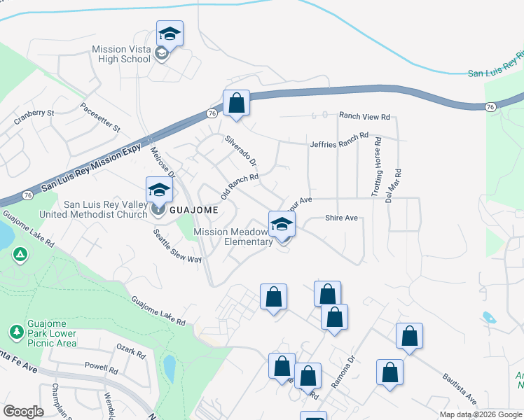 map of restaurants, bars, coffee shops, grocery stores, and more near 1579 Mission Meadow Drive in Oceanside