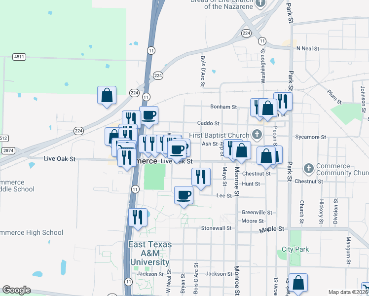map of restaurants, bars, coffee shops, grocery stores, and more near 1812 Live Oak Street in Commerce