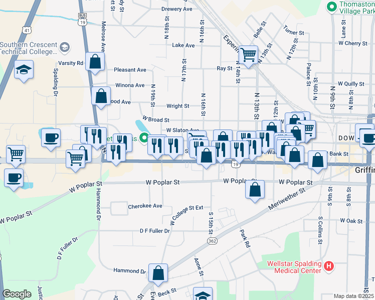 map of restaurants, bars, coffee shops, grocery stores, and more near 1015 West Wall Street in Griffin