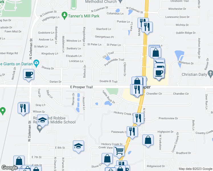 map of restaurants, bars, coffee shops, grocery stores, and more near 711 Table Rock Drive in Prosper