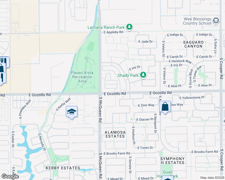 map of restaurants, bars, coffee shops, grocery stores, and more near 3855 South McQueen Road in Chandler