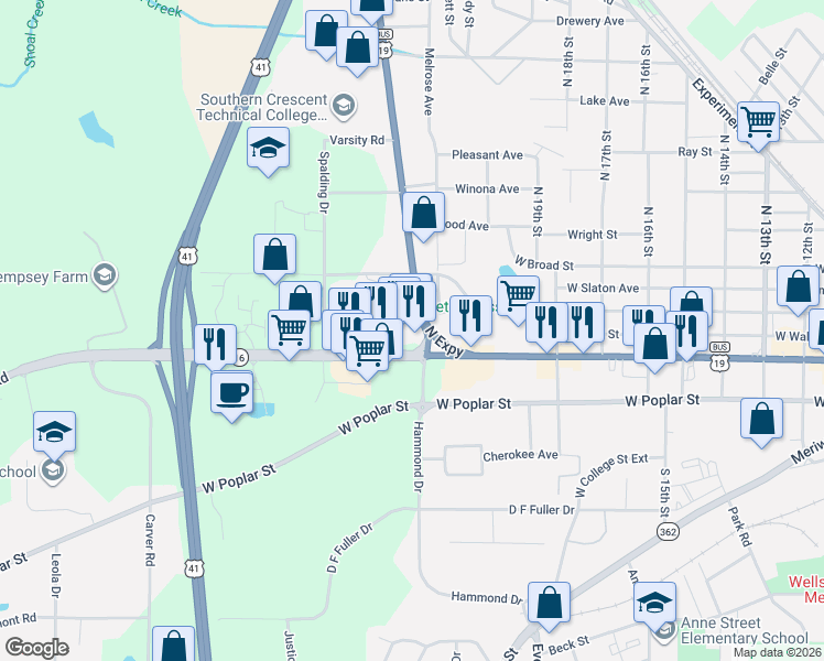 map of restaurants, bars, coffee shops, grocery stores, and more near 1400 Highway 16 in Griffin