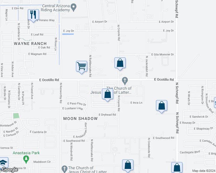 map of restaurants, bars, coffee shops, grocery stores, and more near 2478 East Meadow Land Drive in Queen Creek