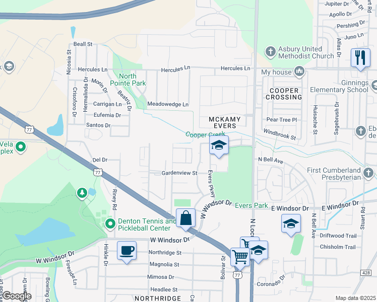 map of restaurants, bars, coffee shops, grocery stores, and more near 3349 Brooke Street in Denton