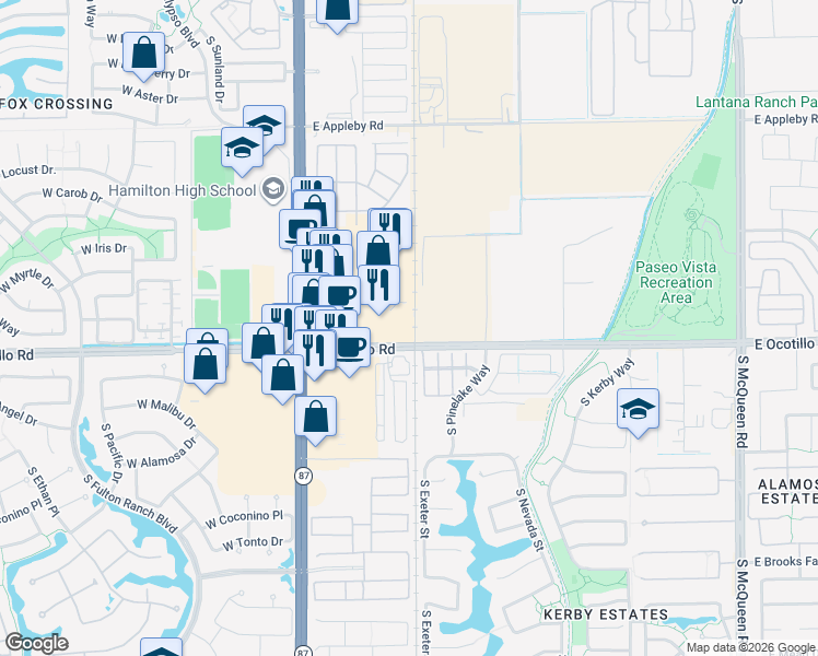 map of restaurants, bars, coffee shops, grocery stores, and more near 290 East Ocotillo Road in Chandler