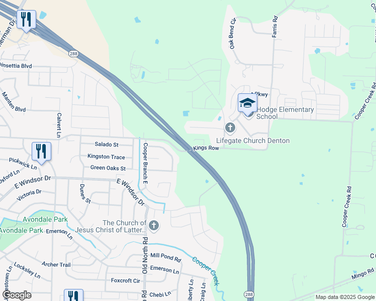 map of restaurants, bars, coffee shops, grocery stores, and more near 3909 North Loop 288 in Denton