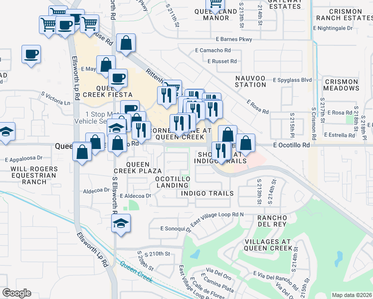 map of restaurants, bars, coffee shops, grocery stores, and more near 21080 East Pickett Street in Queen Creek