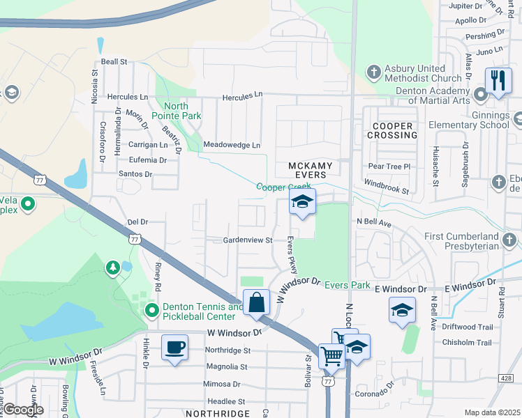 map of restaurants, bars, coffee shops, grocery stores, and more near 3349 Brooke Street in Denton