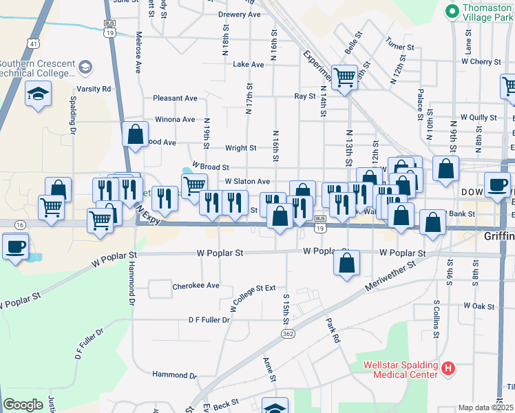 map of restaurants, bars, coffee shops, grocery stores, and more near 1015 West Wall Street in Griffin