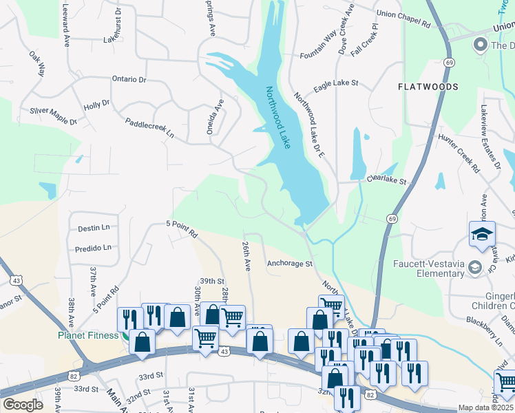 map of restaurants, bars, coffee shops, grocery stores, and more near 4300 Northwood Lake Drive West in Northport