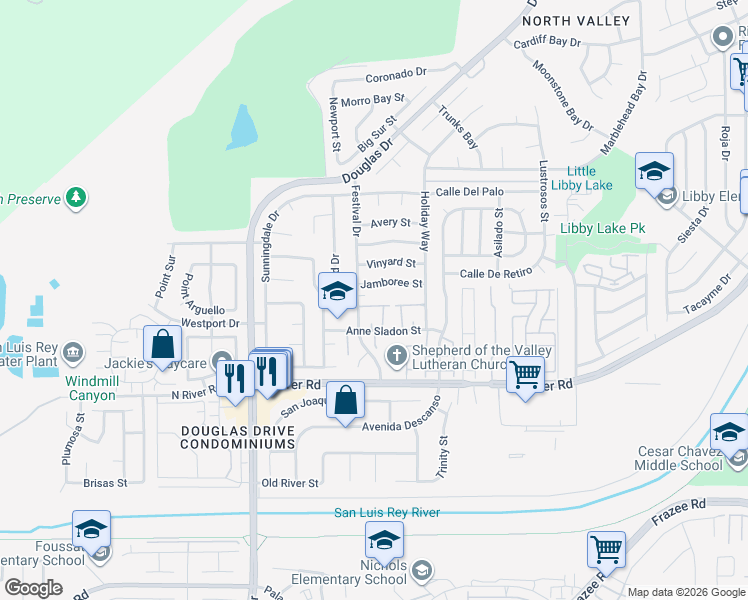 map of restaurants, bars, coffee shops, grocery stores, and more near 264 Festival Drive in Oceanside
