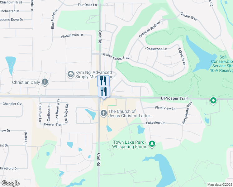 map of restaurants, bars, coffee shops, grocery stores, and more near 870 Wind Brook Lane in Prosper
