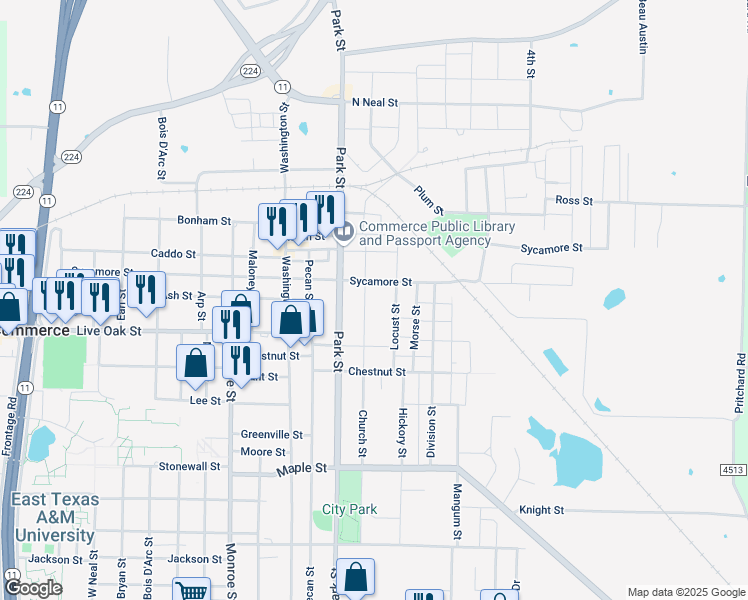 map of restaurants, bars, coffee shops, grocery stores, and more near 909 Sycamore Street in Commerce