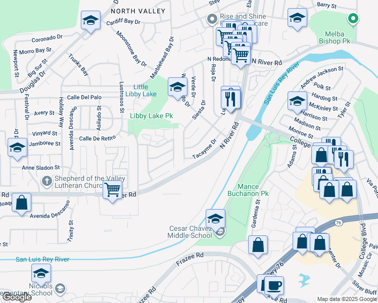 map of restaurants, bars, coffee shops, grocery stores, and more near 4807 Luna Drive in Oceanside